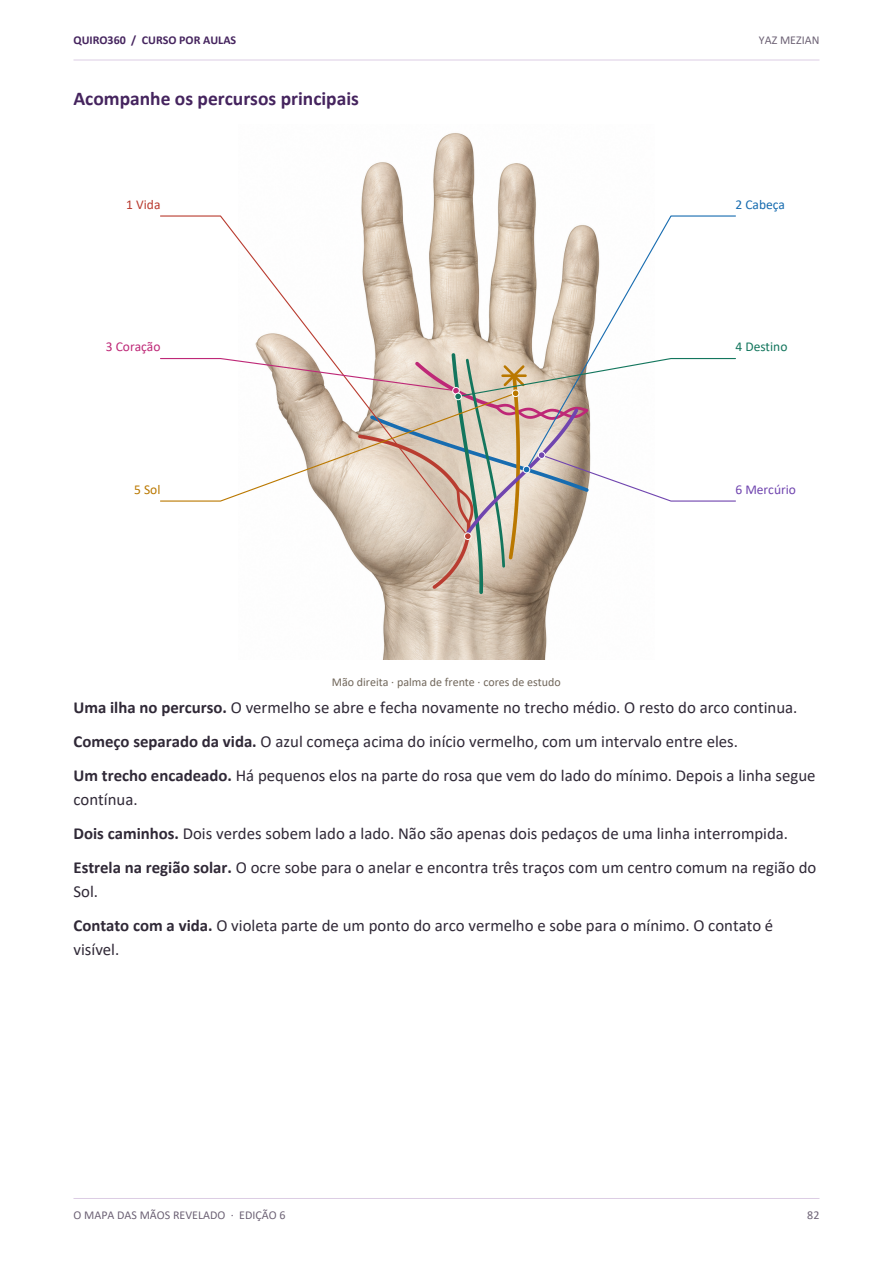 Prancha didática de Beatriz, página 82 do curso, com linhas coloridas e explicadas.