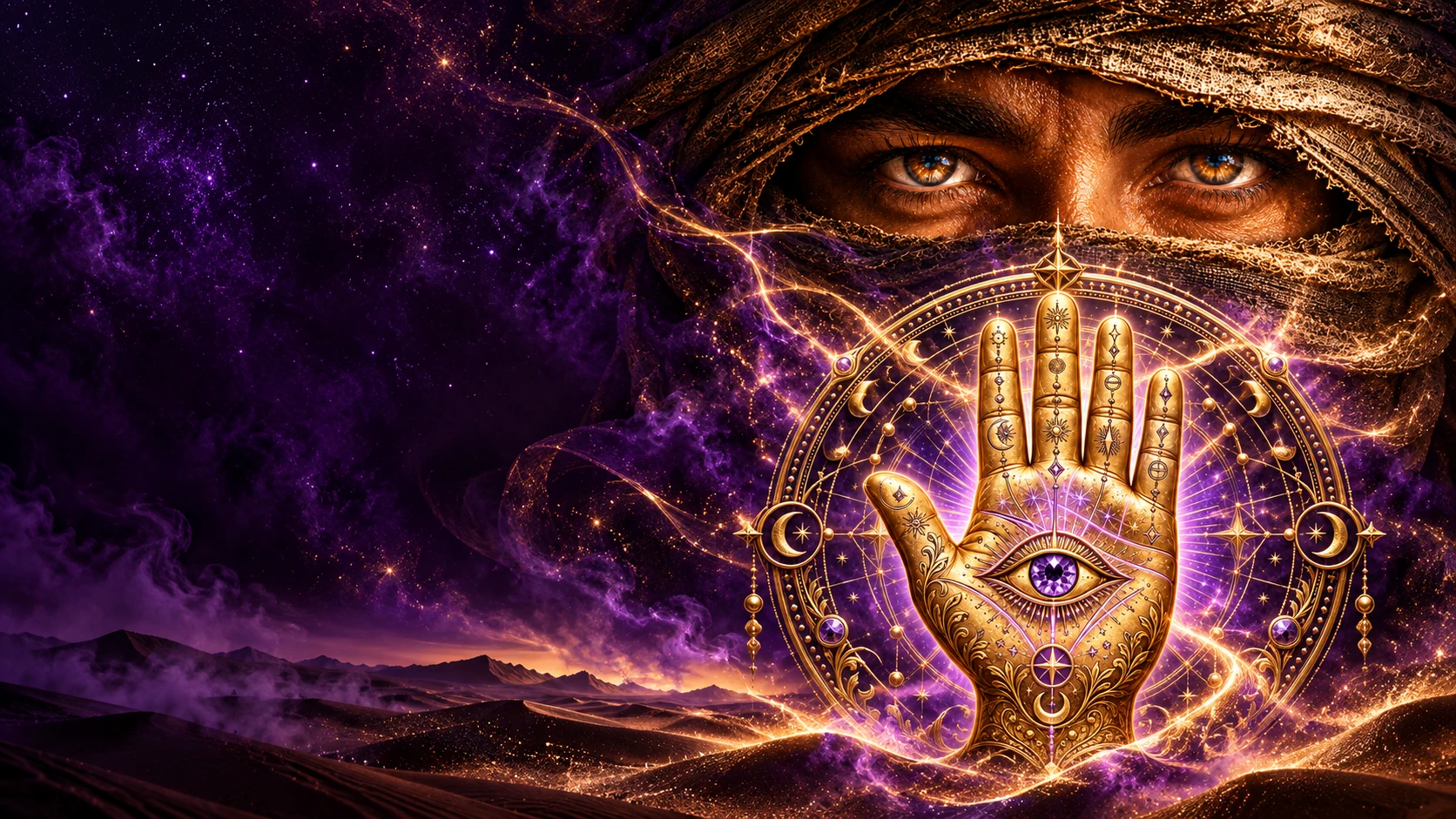 Yaz Mezian emerge da névoa violeta, junto à mão dourada de olho de ametista e seu círculo celestial.